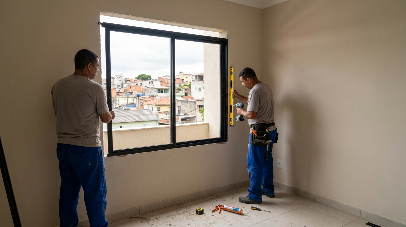 Medição de esquadrias de alumínio no Setor Garavelo, Aparecida de Goiânia‑GO