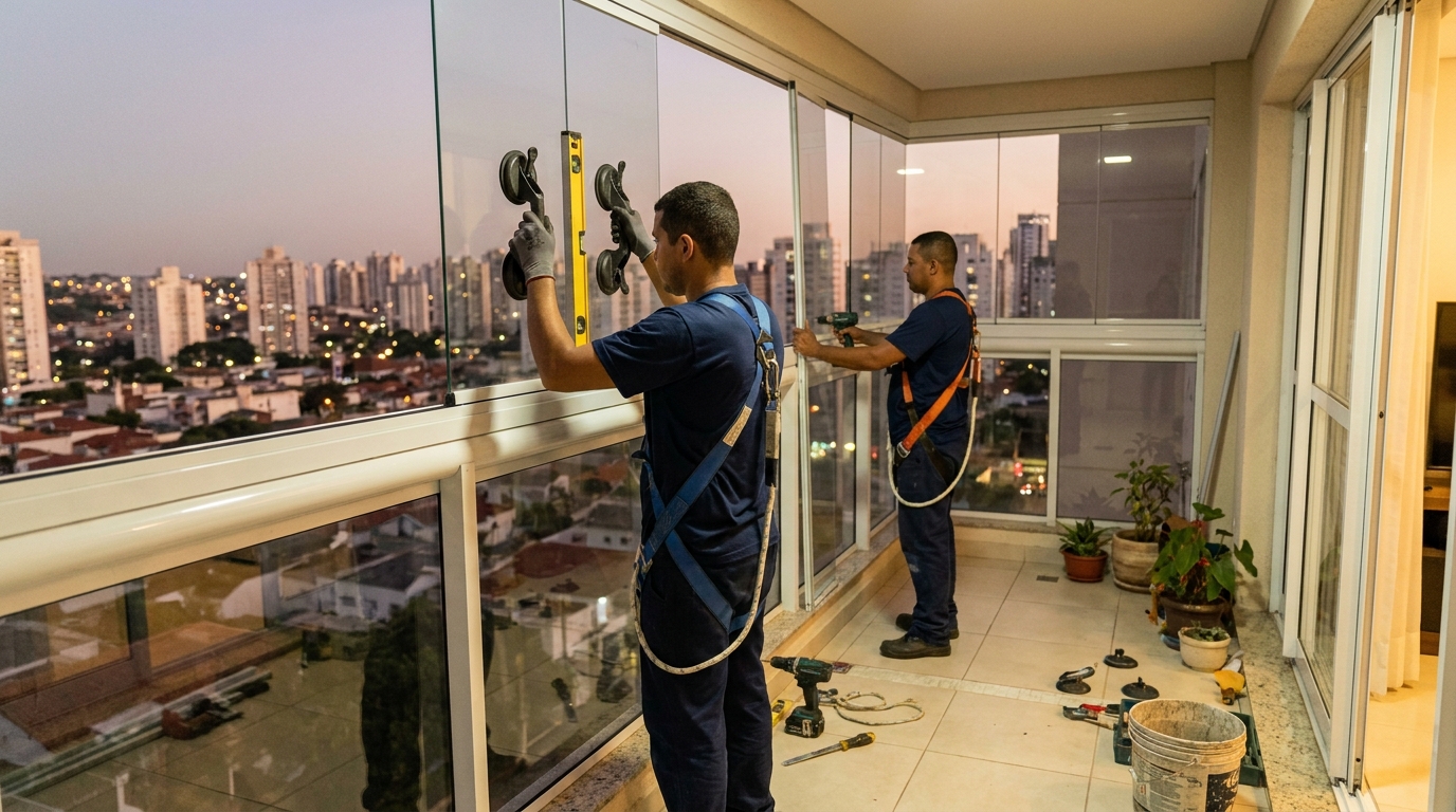 Instalação de fachada de vidro no Setor Garavelo, Aparecida de Goiânia‑GO
